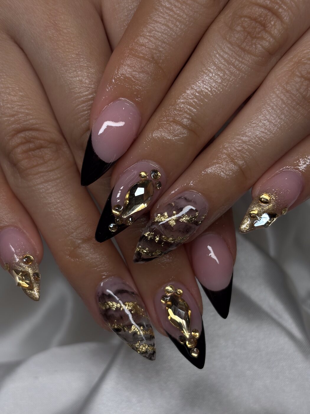 Black French set with marble texture, gold foil and gold gems