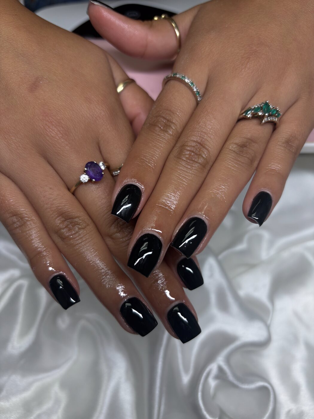 Glossy black square builder gel manicure