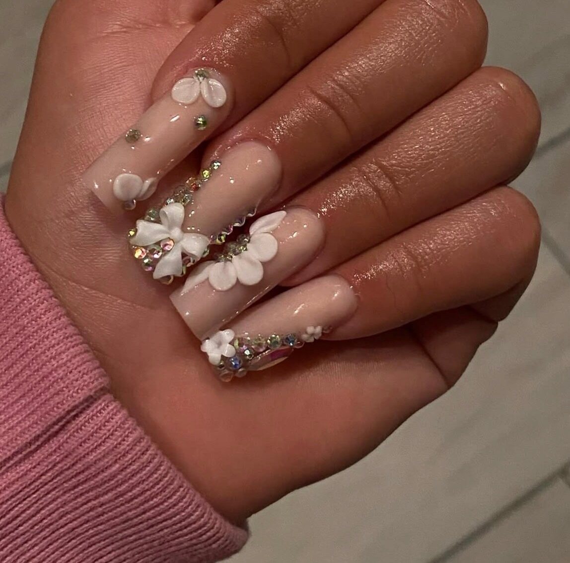 Extra long white coffin set with 3D flowers and iridescent rhinestones